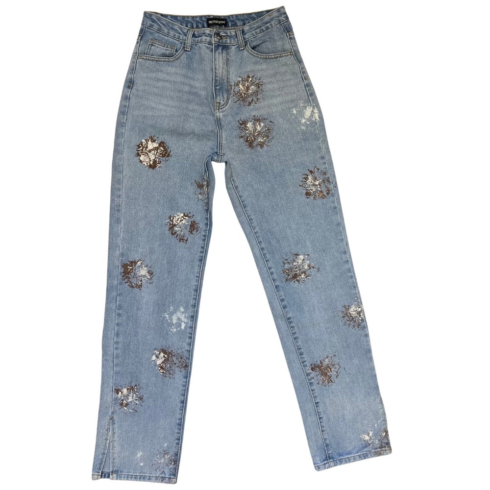 Pretty Little Thing Womens High Rise Straight Leg Jeans Sponge Painted UK Sz 10